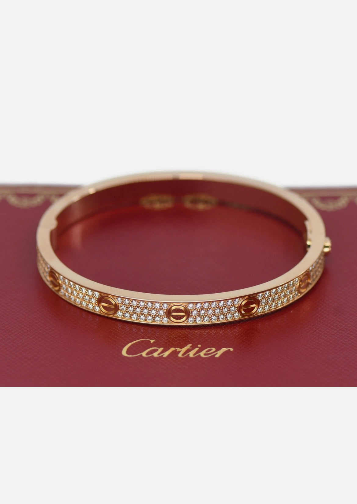 Cartier Diamond Pave 18K Rose Gold Love Bracelet Size 19