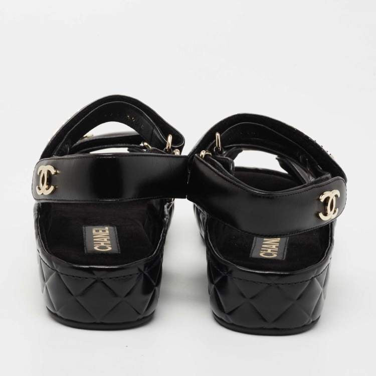 Chanel Black Leather CC Dad Flat Sandals Size 39
