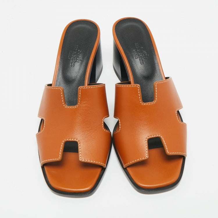 Hermès Brown Leather Helia Slide Sandals Size 36