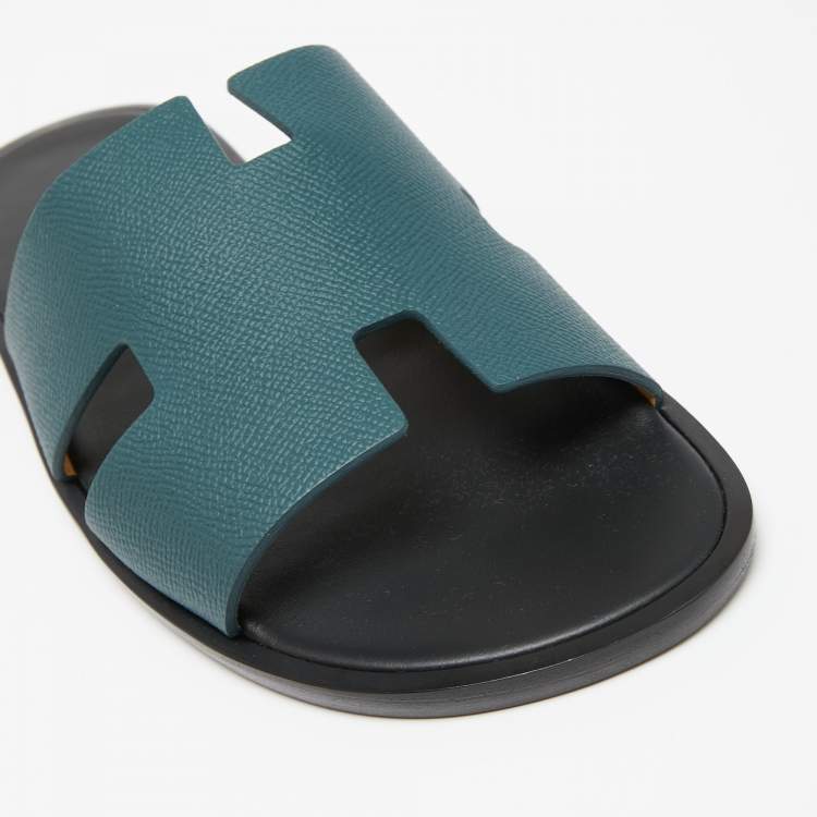 Hermes Green Leather Izmir Flat Slides Size 43