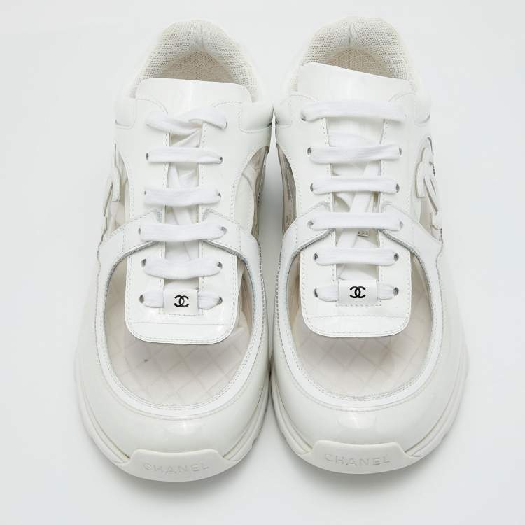 Chanel White PVC and Patent Leather CC Low Top Sneakers Size 39.5