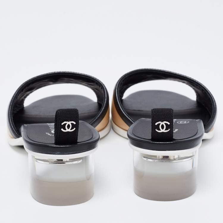 Chanel Beige/Black Leather Logo Slide Sandals Size 40.5