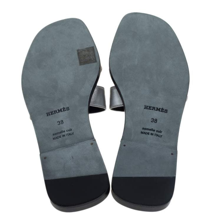 Hermes Silver Leather Oran Flat Slides Size 38