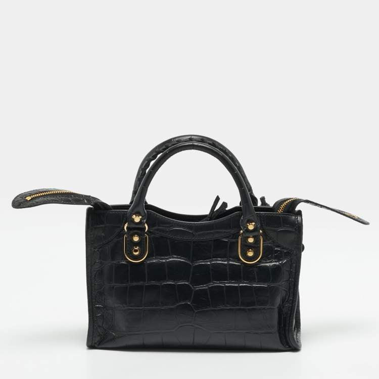 Balenciaga Metallic Edge City Mini Black Croc Embossed Leather Tote