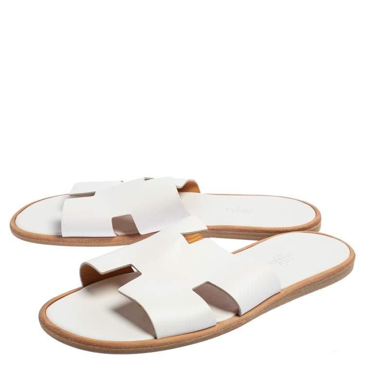 Hermes White Leather Izmir Flat Slides Size 43.5