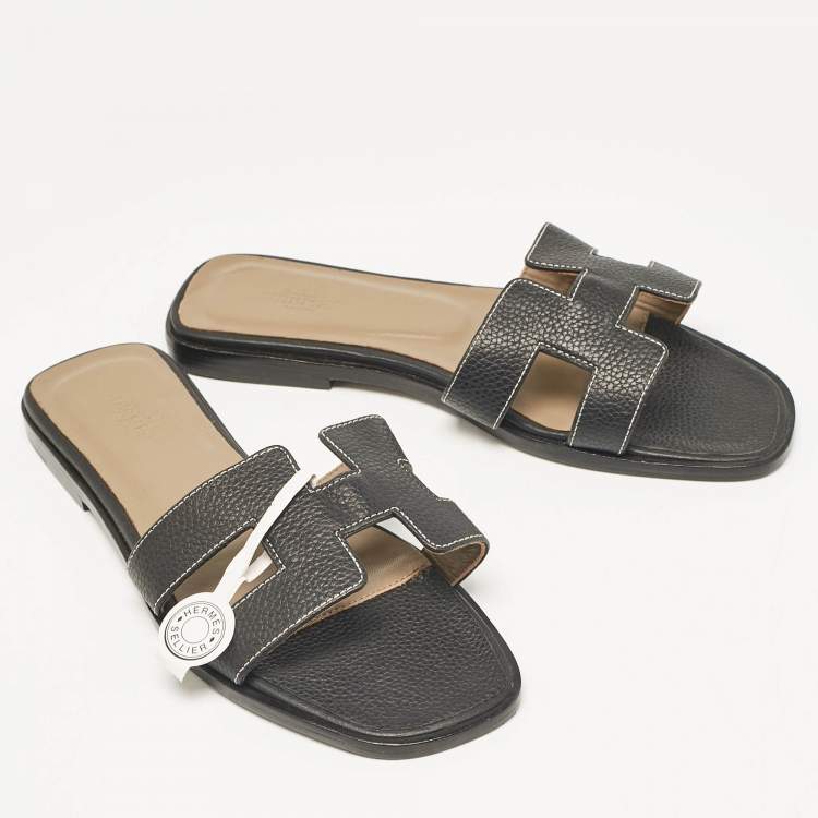 Hermes Black Leather Oran Flat Slide Sandals Size 36