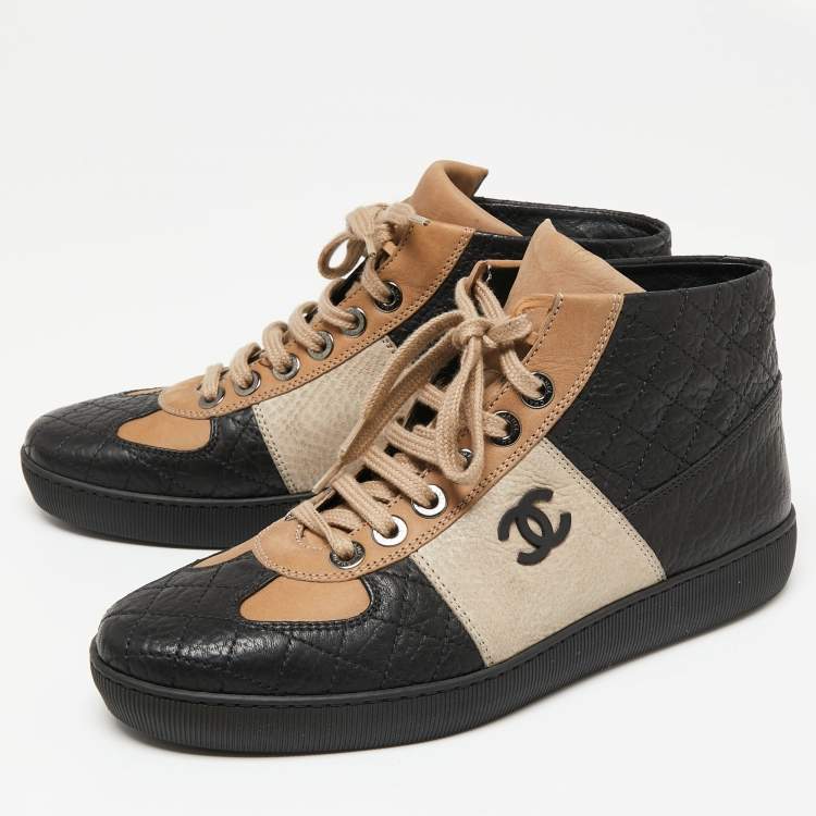 Chanel Black/Beige Leather And Nubuck CC High Top Sneakers Size 40