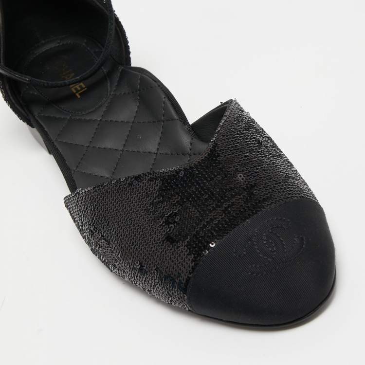 Chanel Black Sequins and Canvas CC Cap Toe Mary Jane Flats Size 39