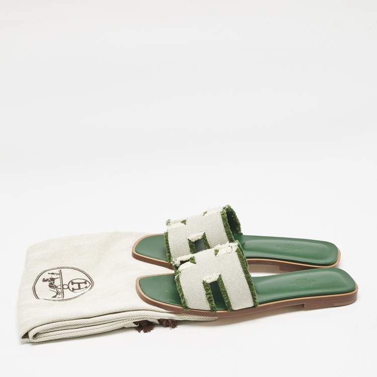 Hermes Beige/Green Fringe Canvas Oran Flat Slide Sandals Size 37