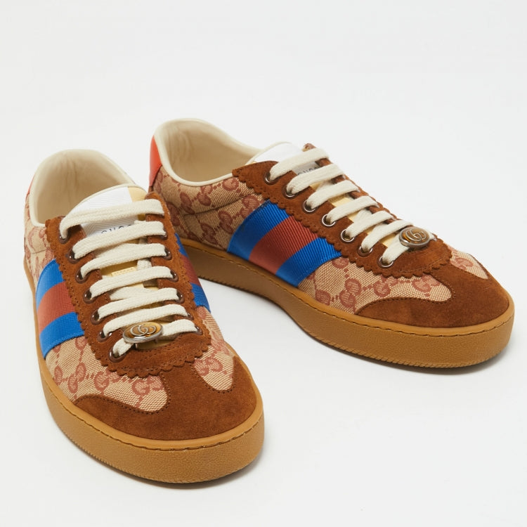 Gucci Brown/Beige GG Canvas and Suede Web G74 Sneakers Size 38.5