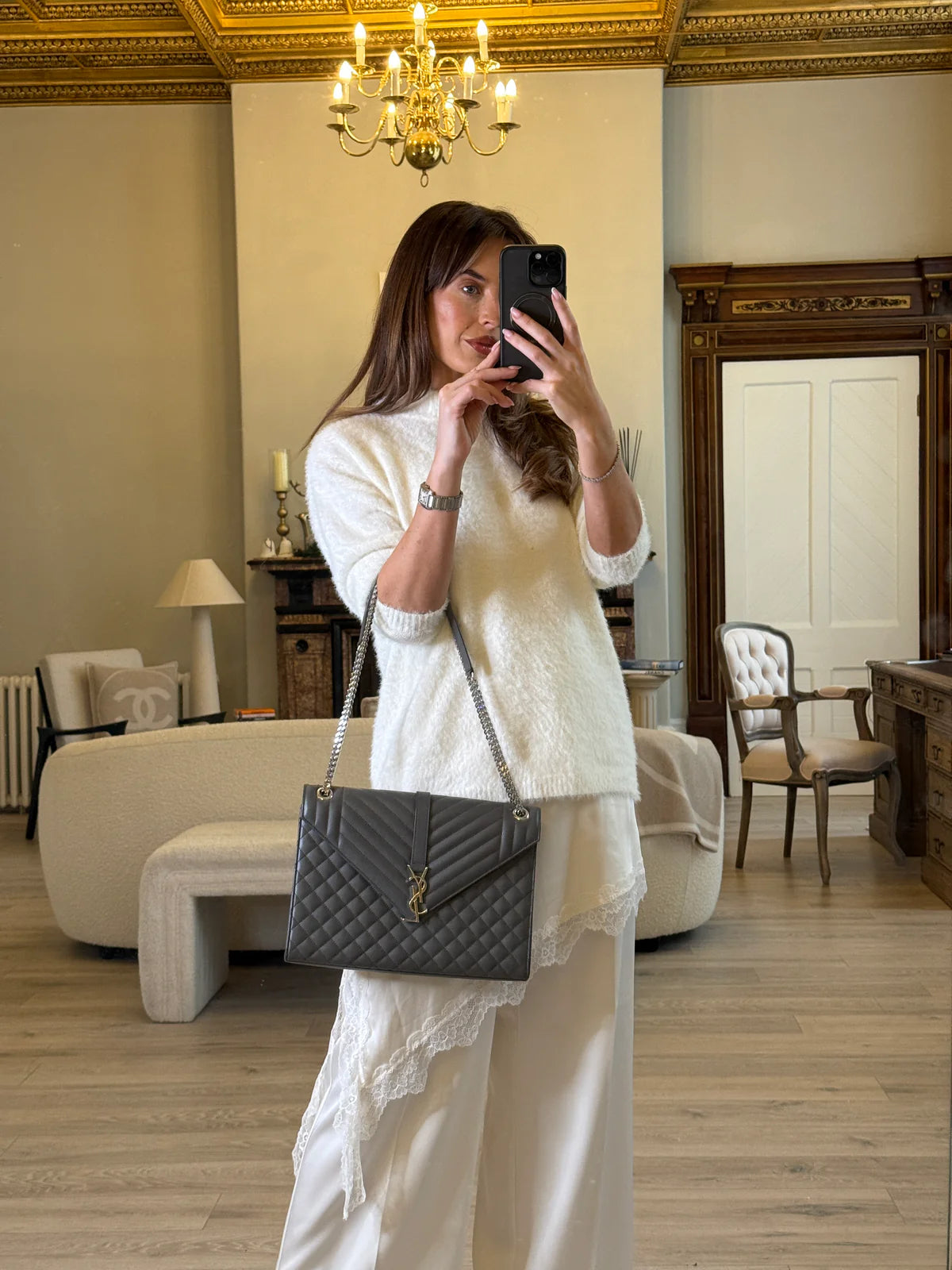 SAINT LAURENT LARGE GREY GRAINED LEATHER ENVELOPE SHOULDER BAG