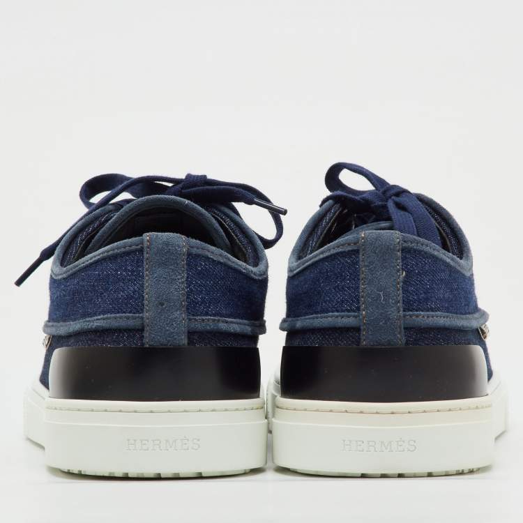 Hermes Navy Blue/Black Denim and Leather Envy Low Top Sneakers Size 43