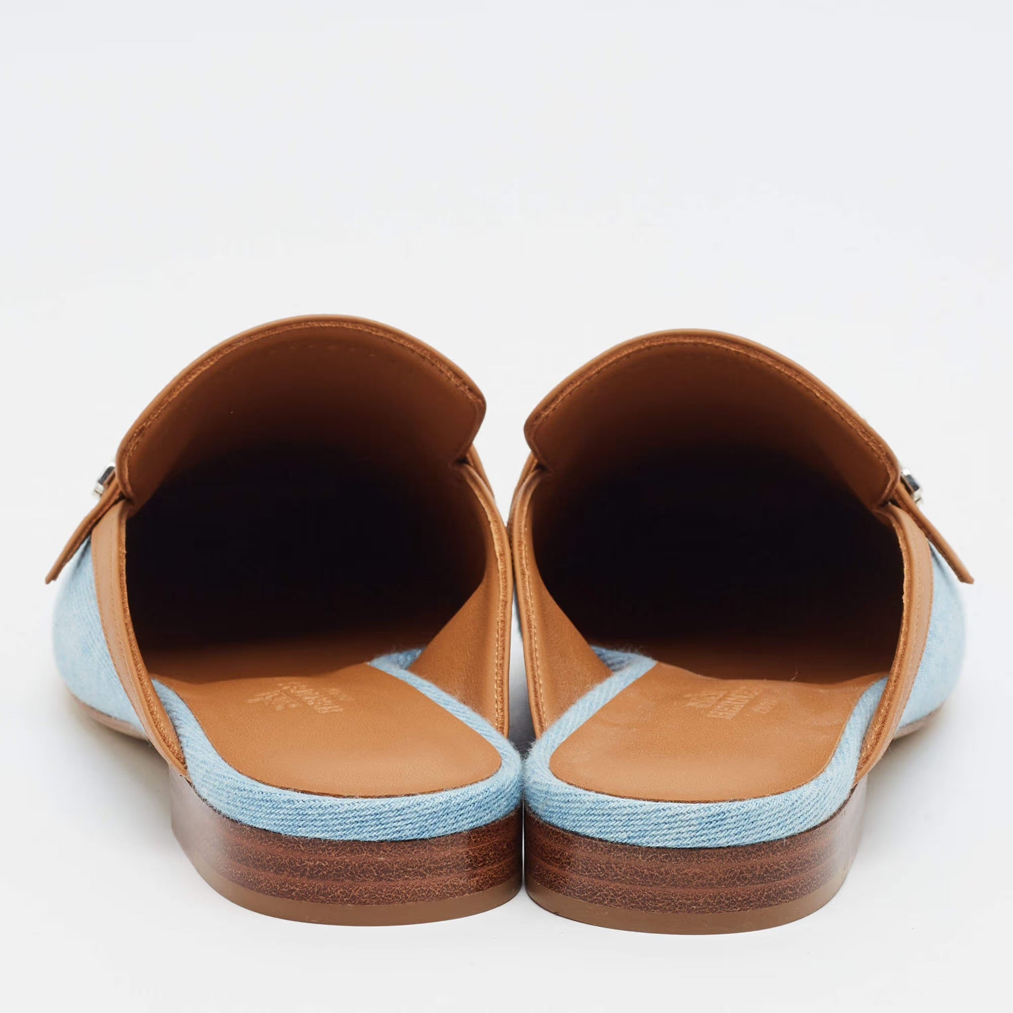 Hermes Groupie Size 37 Blue/Brown Denim and Leather Flat Mules