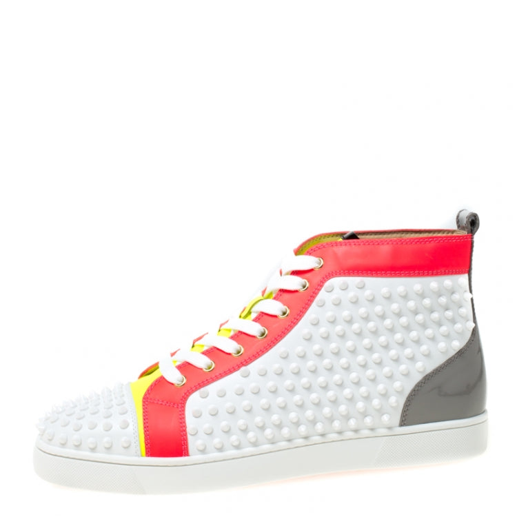Christian Louboutin White Leather With Flourescent Matt Louis Spikes High Top Sneakers Size 45
