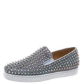 Christian Louboutin Metallic Silver Leather Roller Boat Spiked Slip On Sneakers Size 40