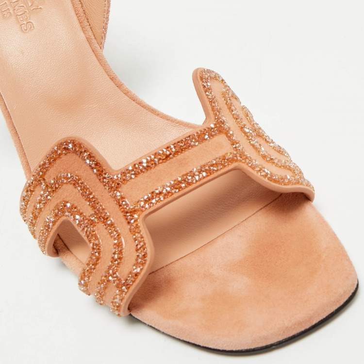 Hermes Peach Suede Crystal Embellished Eternite Sandals Size 36