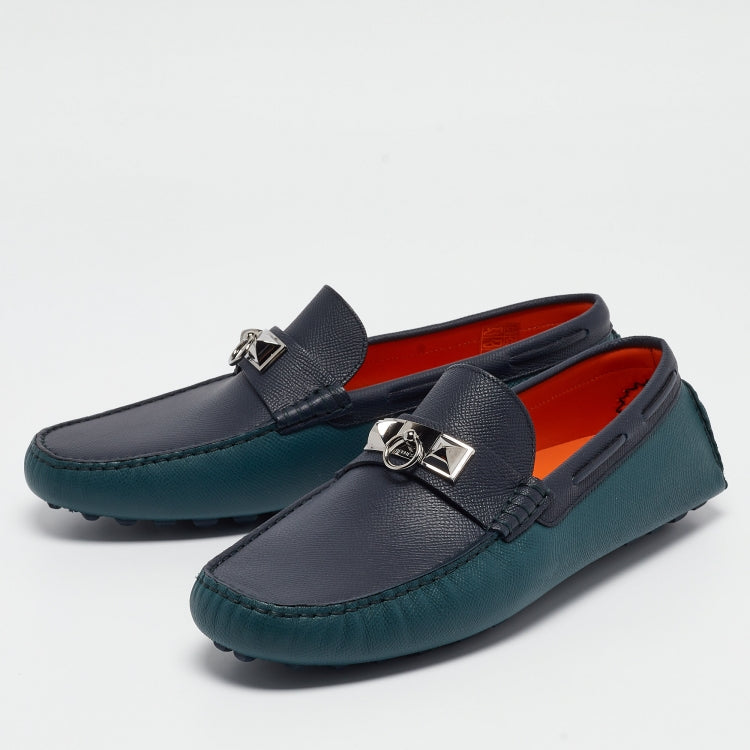 Hermès Green/Navy Blue Leather Irving Loafers Size 43.5