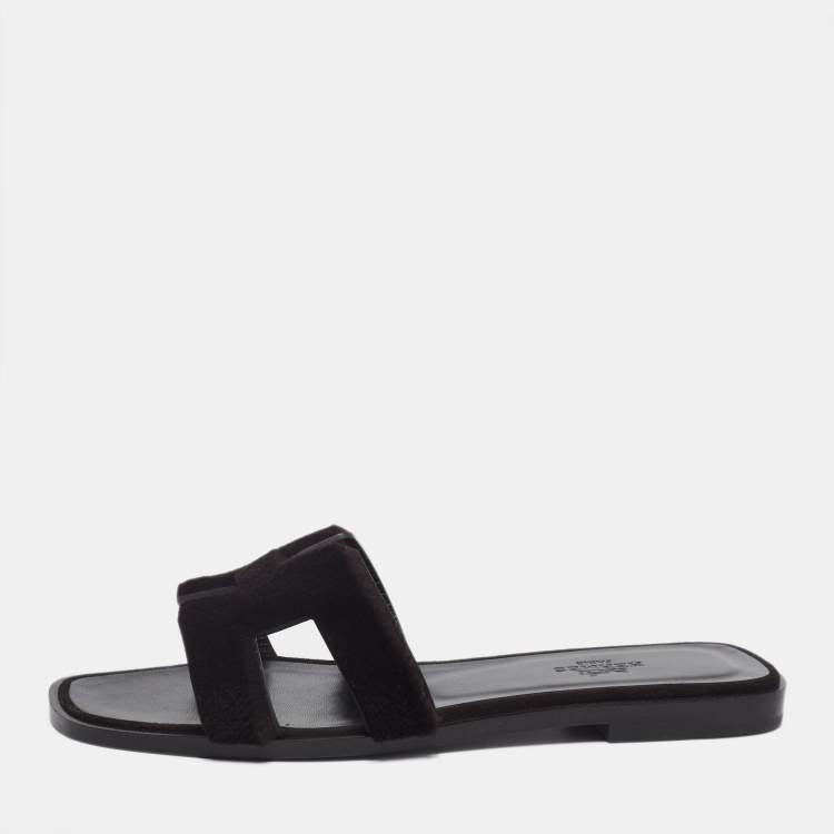 Hermes Black Fur Oran Sandals Size 36