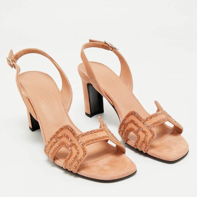 Hermes Peach Suede Crystal Embellished Eternite Sandals Size 36