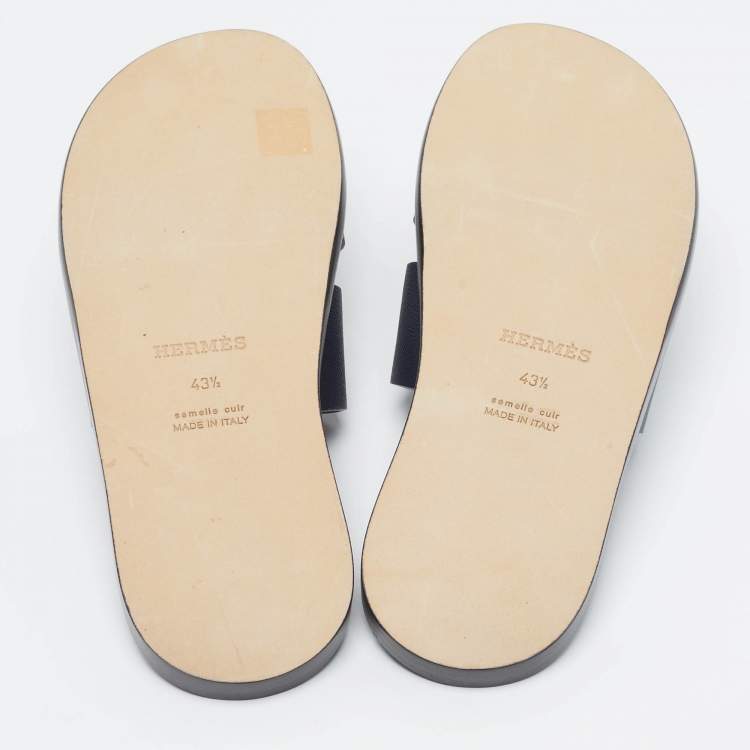 Hermès Izmir Size 43.5 Navy Blue Leather Flat Slides