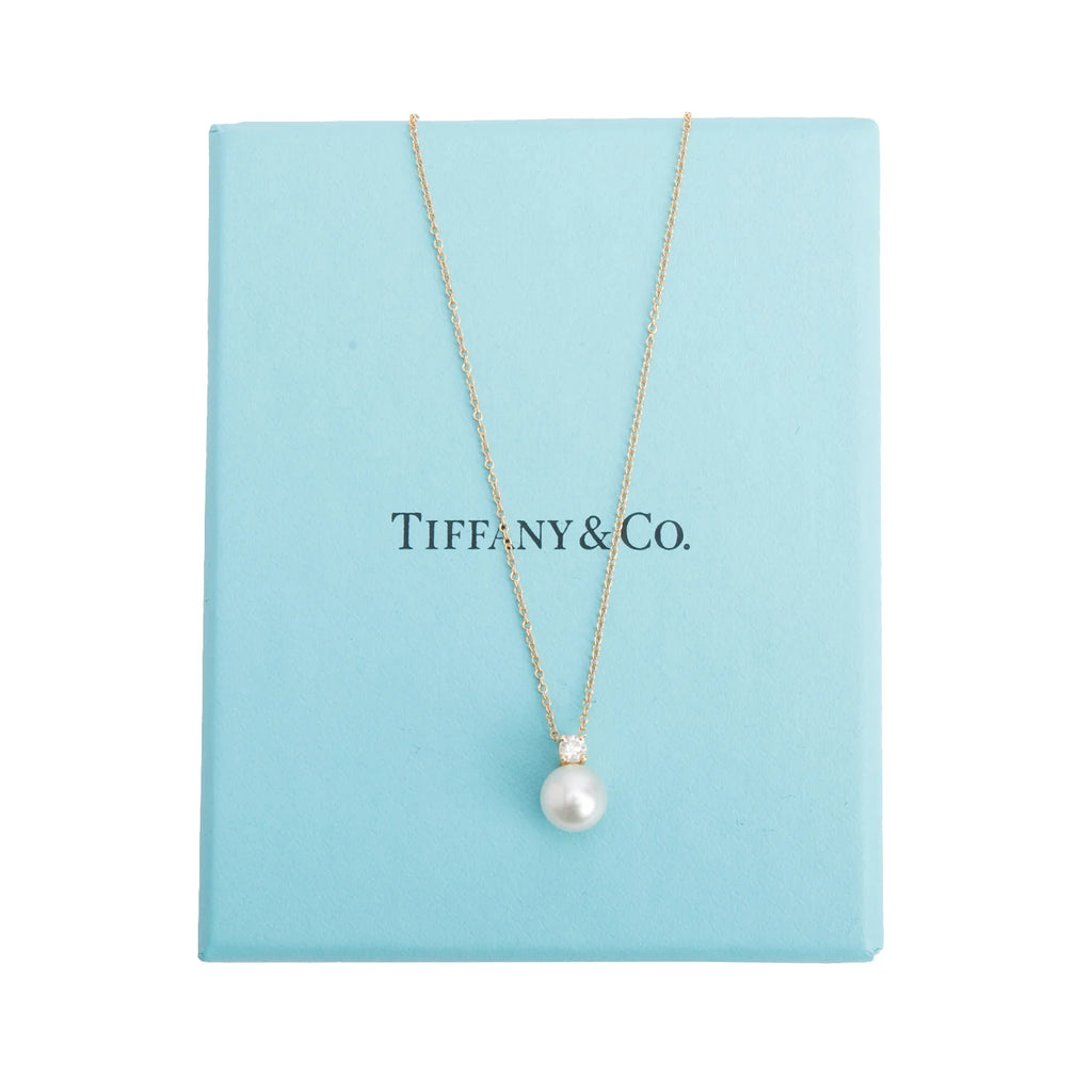Tiffany & Co 18k Yellow Gold Diamond Signature Pearl Pendant Necklace