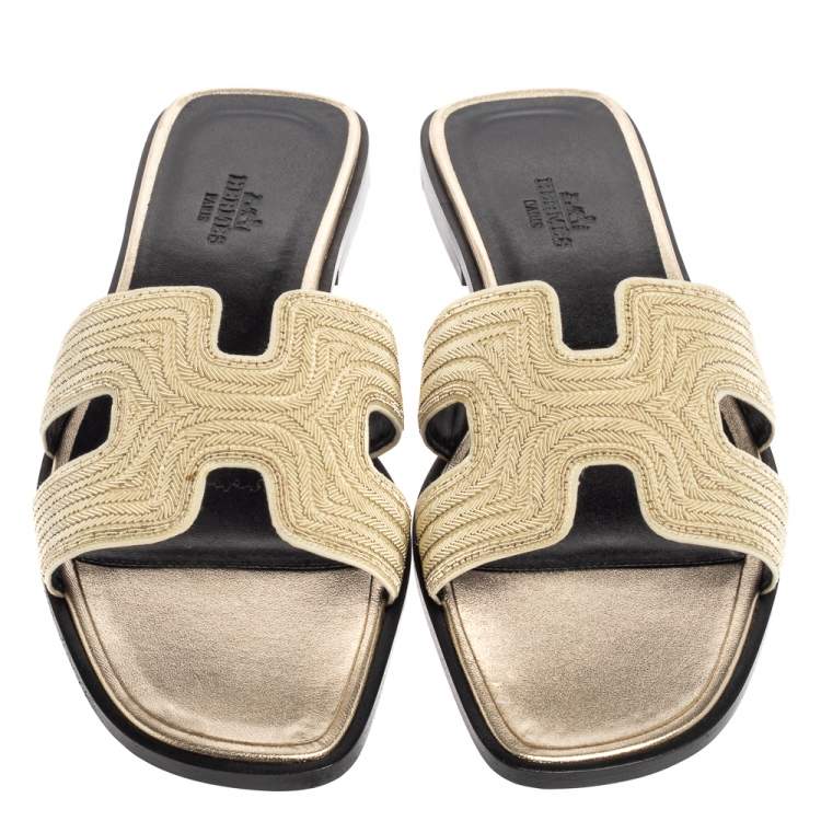 Hermes Metallic Pale Gold Twisted Metal Thread Oran Sandals Size 37