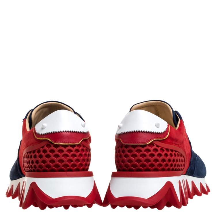 Christian Louboutin Blue/Red Suede And Leather Loubishark Low Top Sneakers Size 41