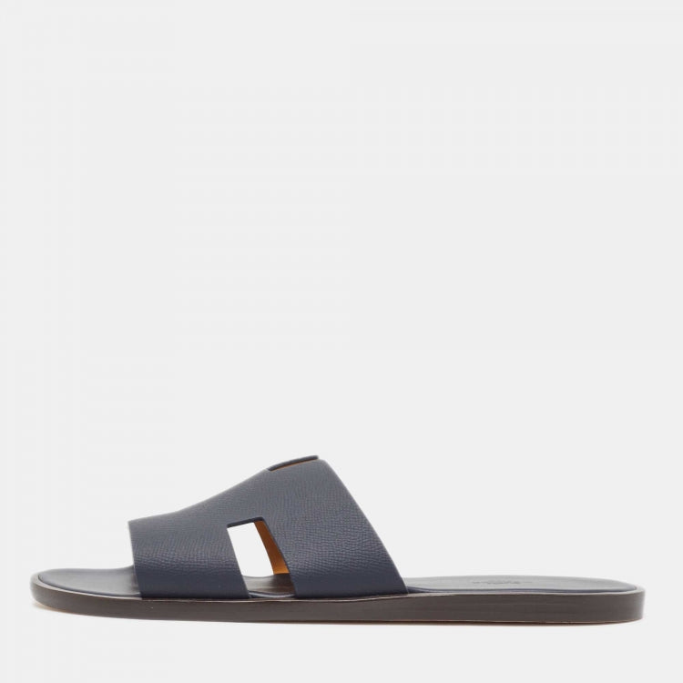 Hermès Navy Blue Leather Izmir Flat Slides Size 45