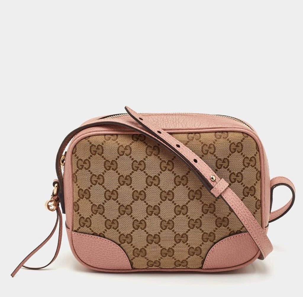 Gucci Bree Mini Beige/Light Pink GG Canvas And Leather Camera Crossbody Bag