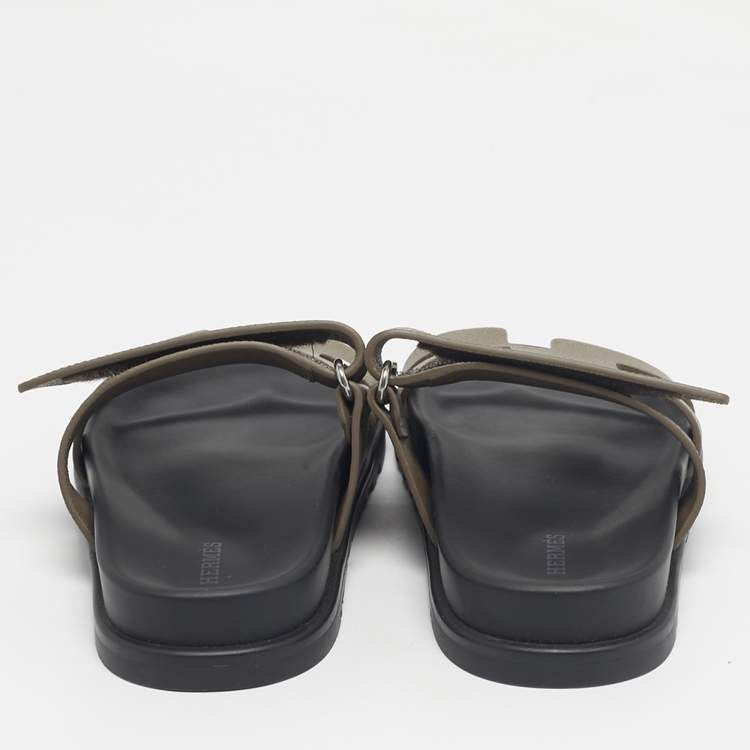 Hermes Green Leather Chypre Slide Sandals Size 34