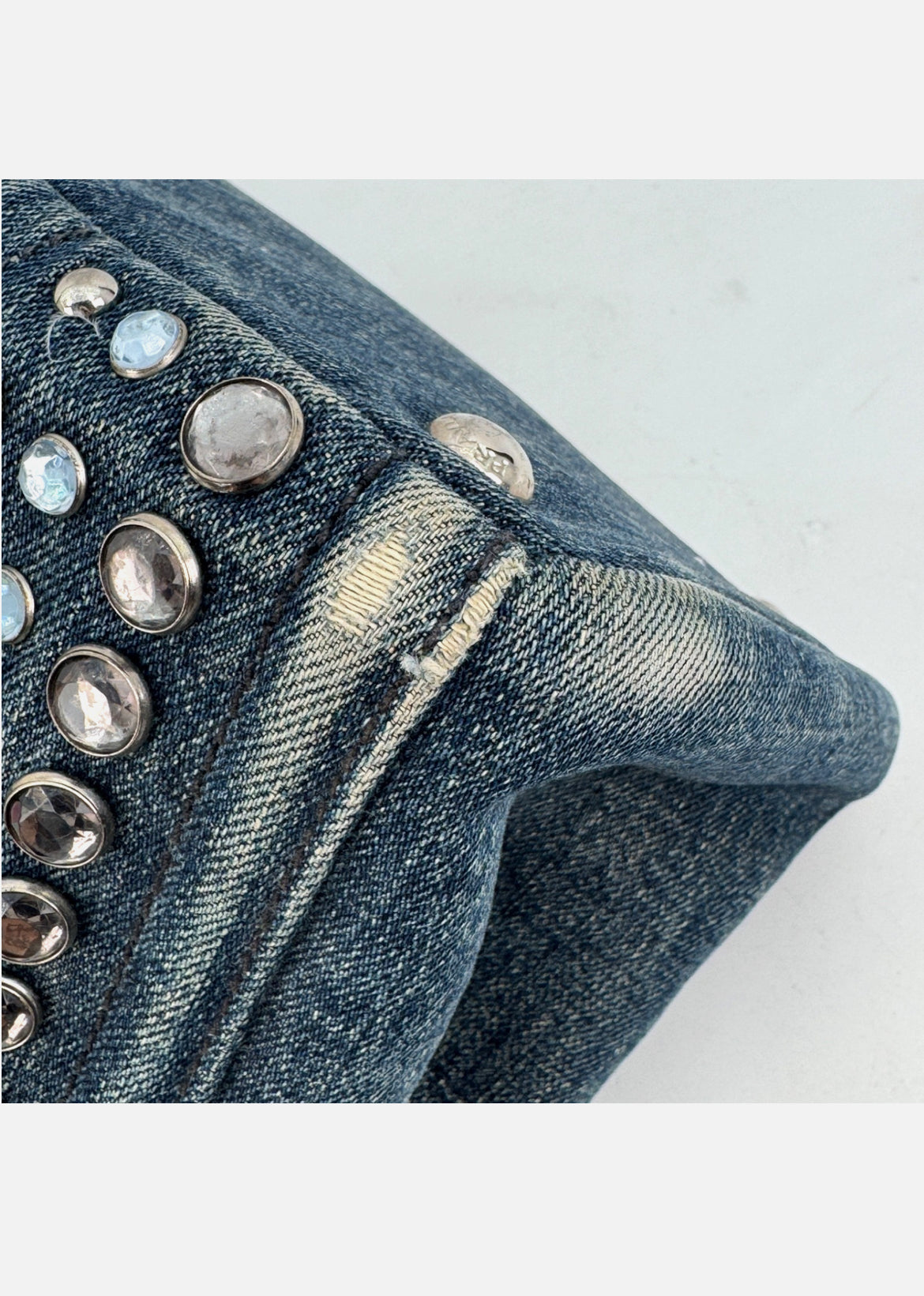 PRADA Canapa Tote Bag Bijoux Rhinestones Studs Denim Blue Bag