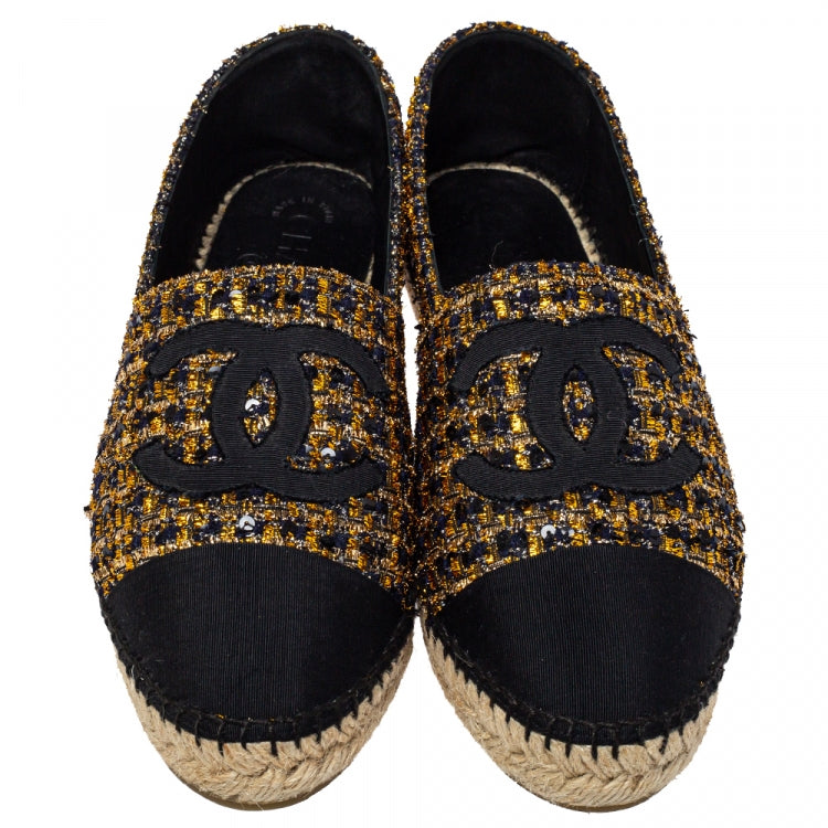 Chanel Black/Gold Tweed And Fabric CC Flat Espadrilles Size 39