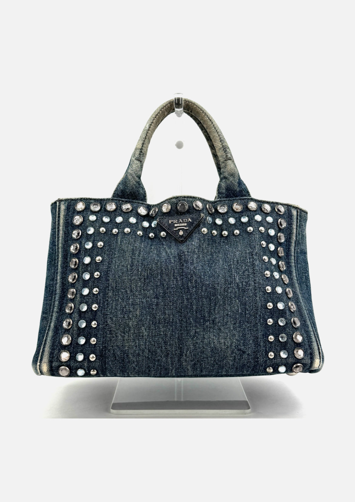 PRADA Canapa Tote Bag Bijoux Rhinestones Studs Denim Blue Bag