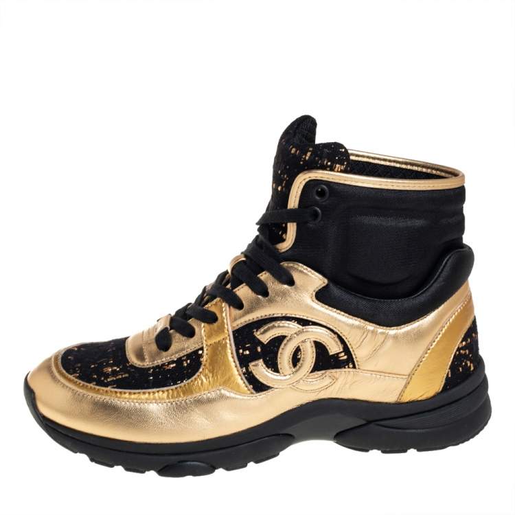 Chanel Black/Gold Tweed and Patent Leather CC High Top Sneakers Size 38