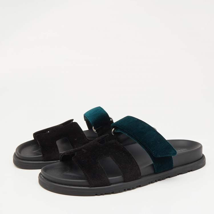 Hermes Black/Green Velvet Chypre Sandals Size 37