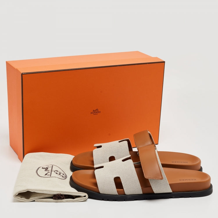 Hermes Beige/Brown Canvas and Leather Chypre Sandals Size 43