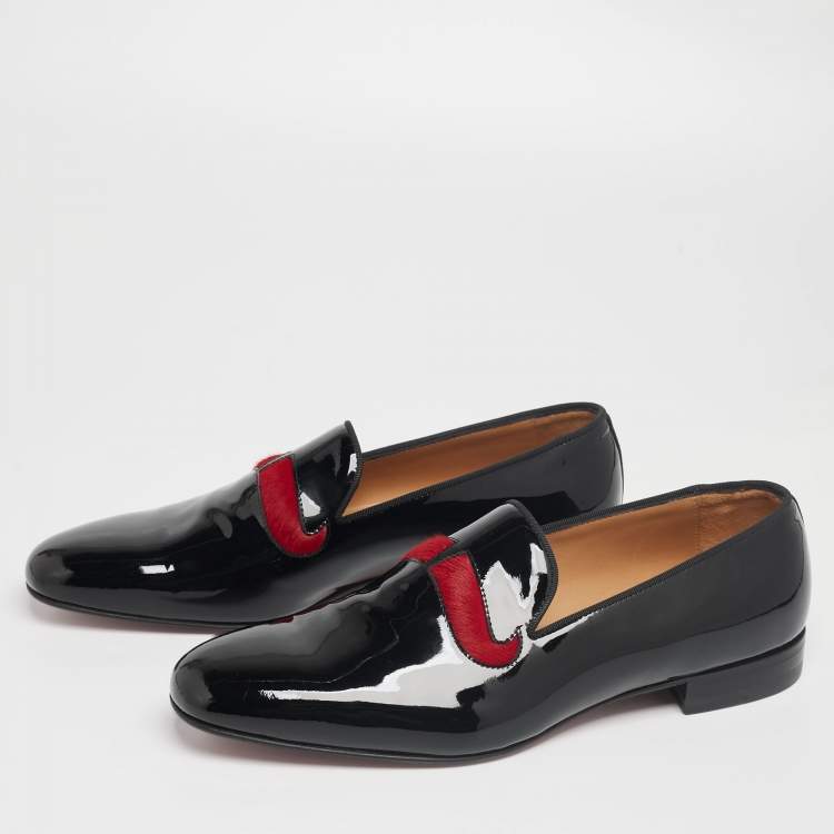 Christian Louboutin Black/Red Patent Leather and Calf Hair Mustache Smoking Slippers Size 43