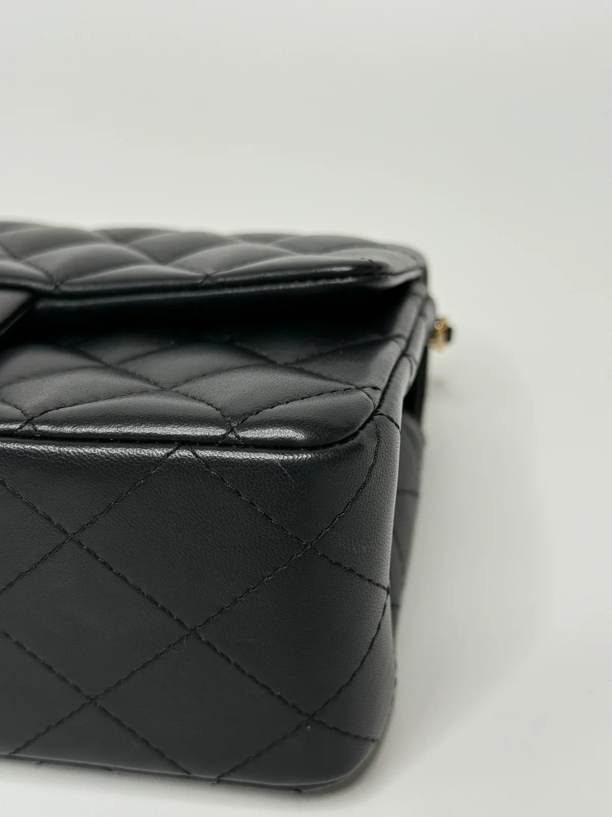 CHANEL MINI RECTANGLE TOP HANDLE FLAP BAG IN BLACK LAMBSKIN WITH PALE GOLD HARDWARE