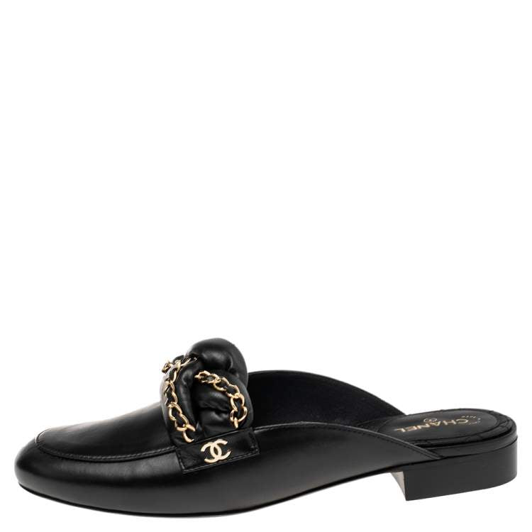 Chanel Black Leather Braided Chain Mules Size 41