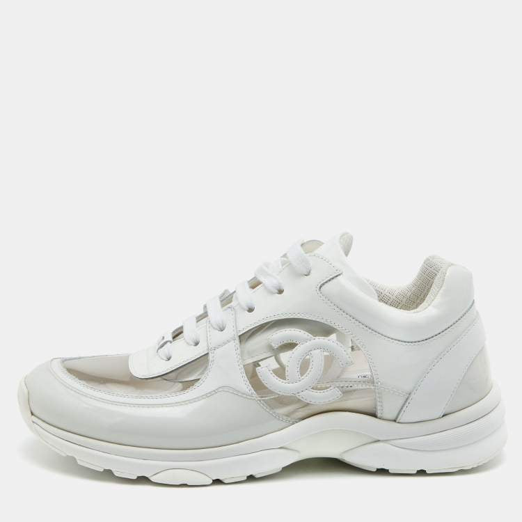 Chanel White PVC and Patent Leather CC Low Top Sneakers Size 39.5