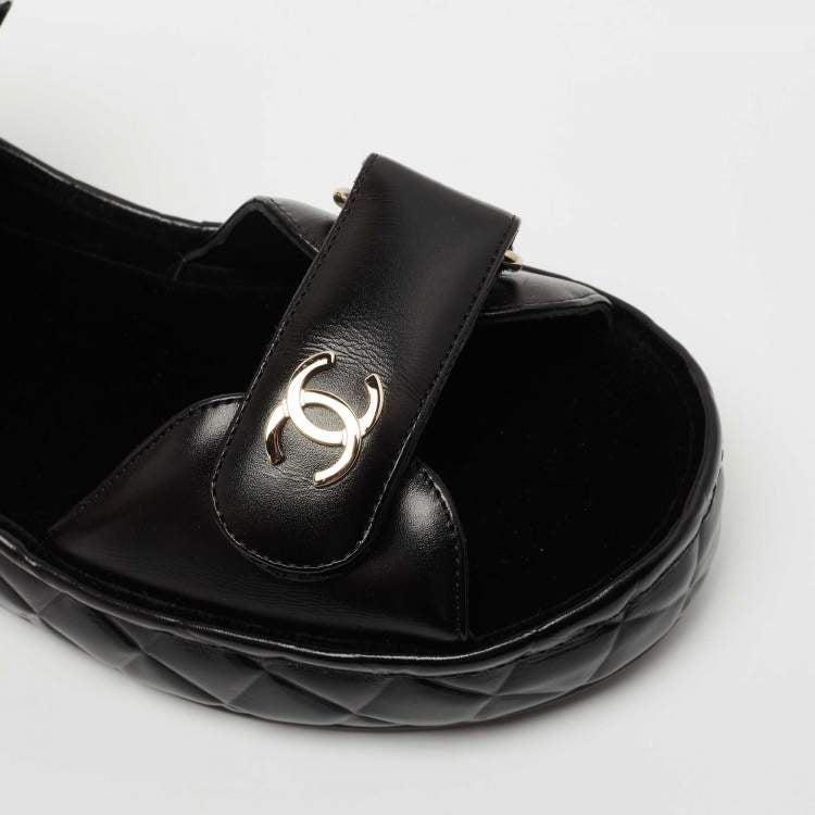 Chanel Black Leather CC Dad Flat Sandals Size 39