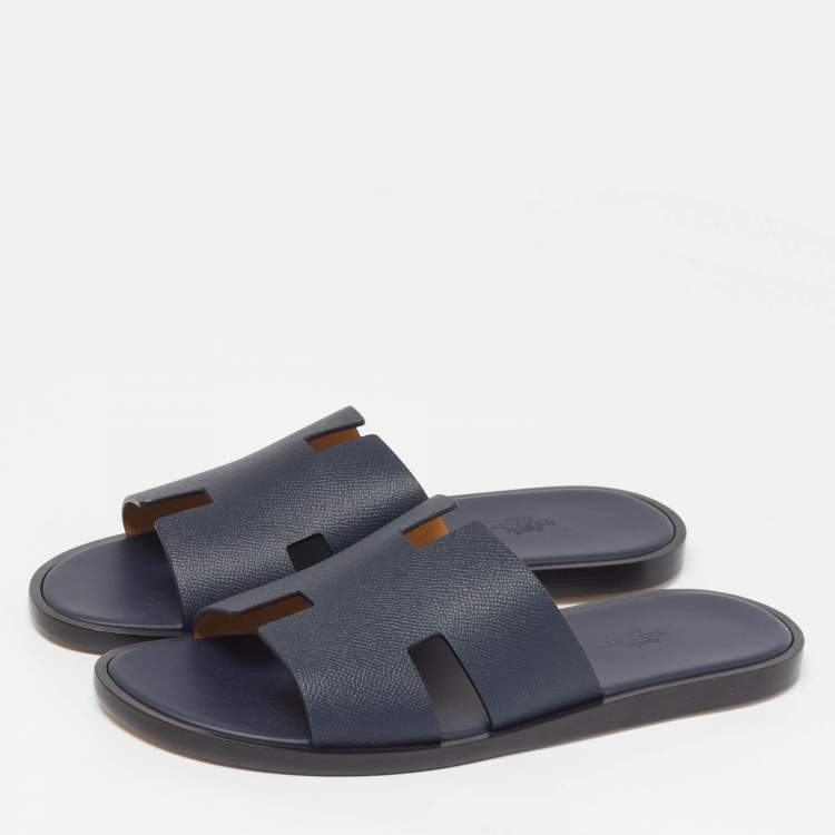 Hermès Izmir Size 43.5 Navy Blue Leather Flat Slides