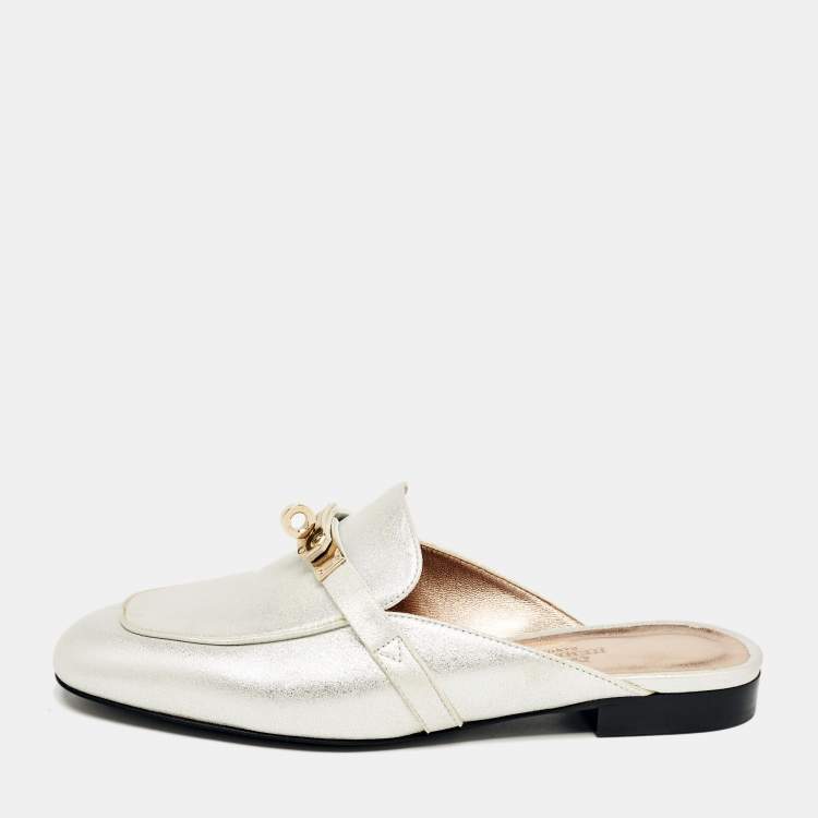 Hermes Silver Textured Suede Oz Flat Mules Size 36.5