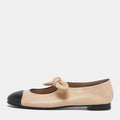 Chanel Beige/Black Leather CC Cap Toe Mary Jane Ballet Flats Size 39.5