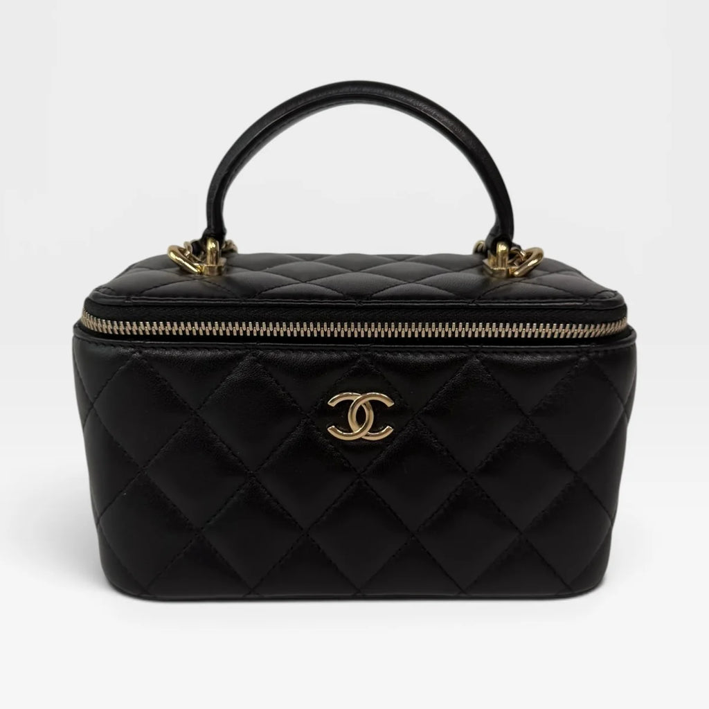 CHANEL VANITY TOP HANDLE IN BLACK LAMBSKIN WITH PALE GOLD HARDWARE