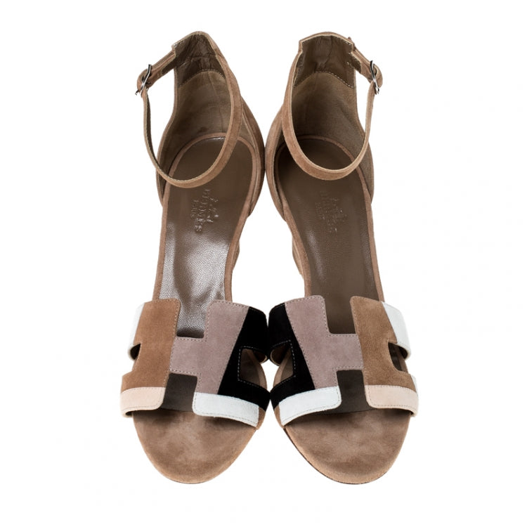 Hermes Multicolor Suede Legend Wedge Ankle Strap Sandals Size 37