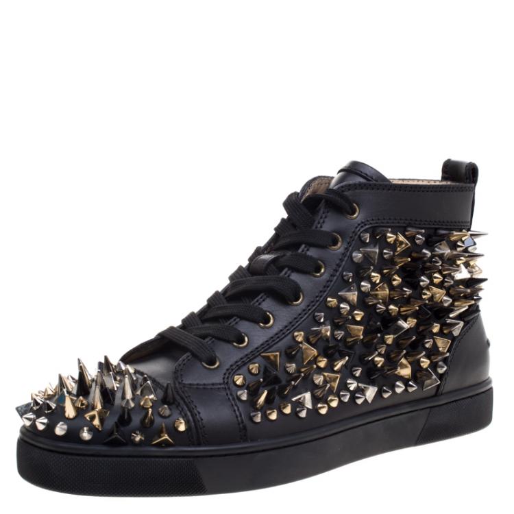Christian Louboutin Black Leather Louis Spikes Lace Up High Top Sneakers Size 41