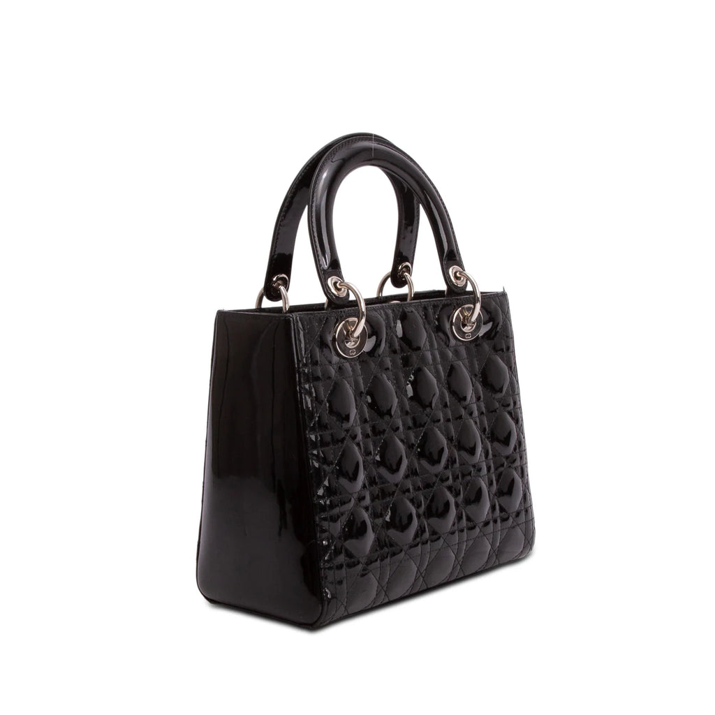 Christian Dior Black Cannage Patent Leather Medium Lady Dior Bag
