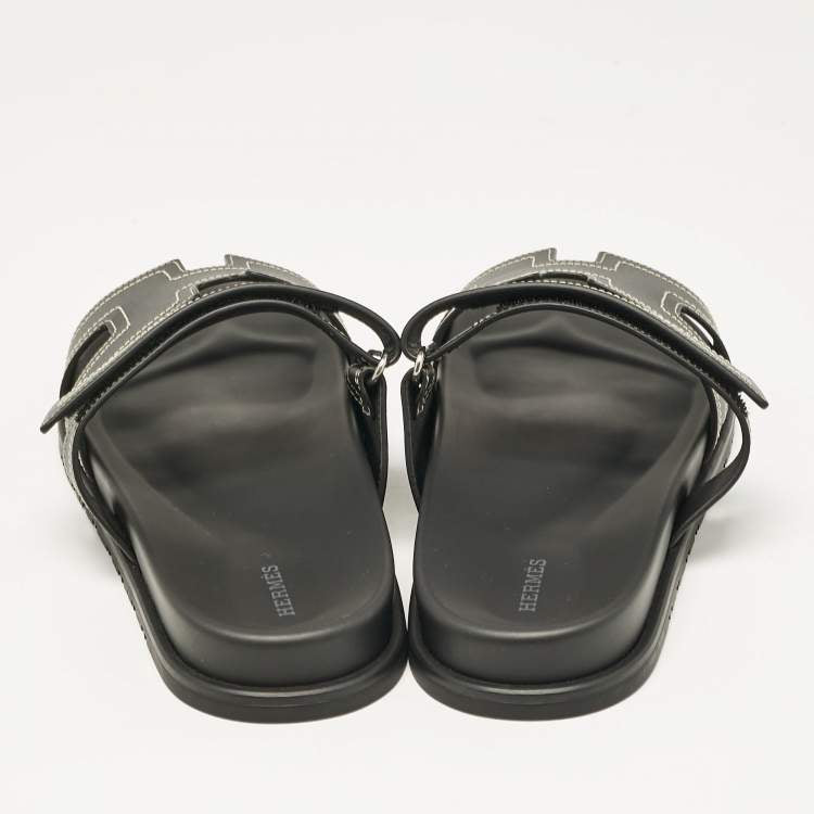 Hermes Black Leather Chypre Sandals Size 46