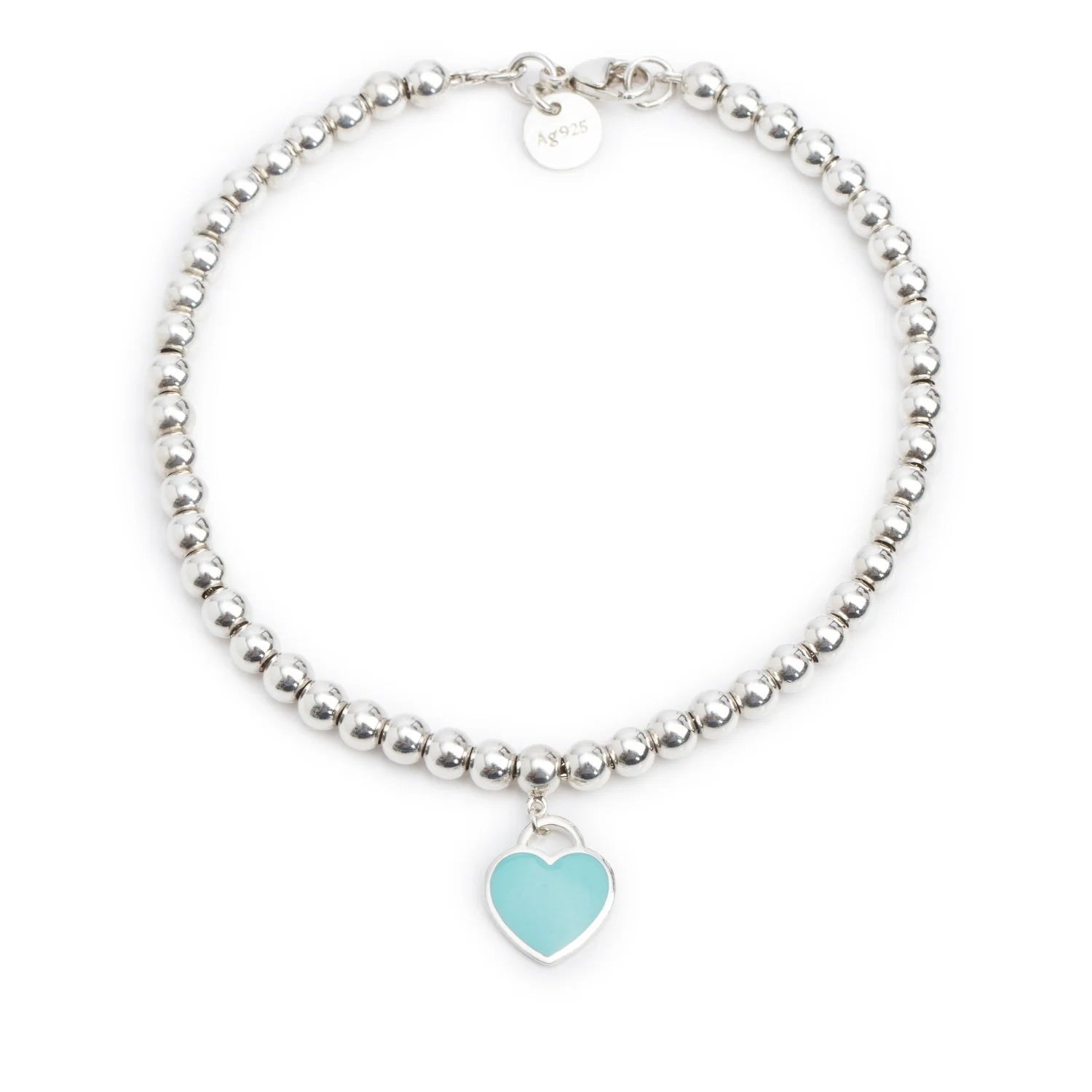Tiffany & Co Sterling Silver Return to Tiffany Mini Heart Tag 4 MM Bead Bracelet with Blue Enamel
